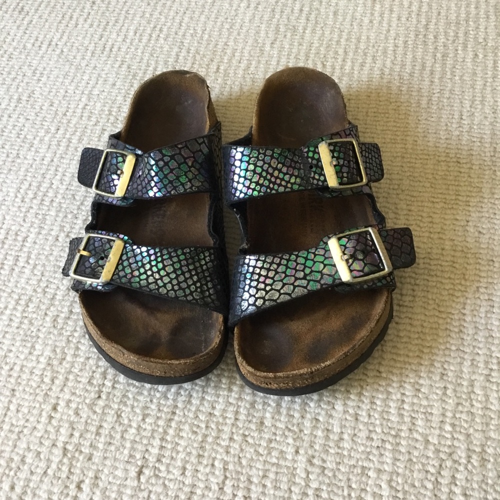 Birkenstock Kids Iridescent Green-Blue Scaled Double-Buckle Sandals
